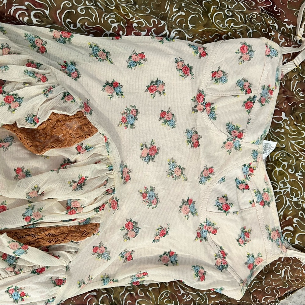 For Love & Lemons Cream Floral Maxi Dress with Rust Lace Panels - Picture 2 of 7